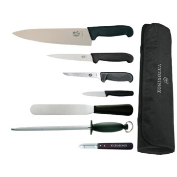Cooks Knife, Fillet Knife, Palette Knife, Boning Knife, Paring Knife, Steel, Peeler and Wallet