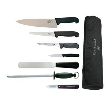 Cooks Knife, Fillet Knife, Palette Knife, Boning Knife, Paring Knife, Steel, Peeler and Wallet