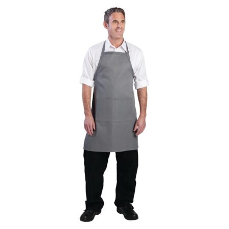 Chef Works Adjustable Neck Bib Apron with Pockets Grey