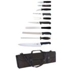 2 x Cooks Knives, Slicer, Fillet Knife, Boning Knife, Paring Knife, Turning Knife, Palette Knife, Carving Fork, Steel, Peeler and Wallet