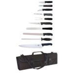 2 x Cooks Knives, Slicer, Fillet Knife, Boning Knife, Paring Knife, Turning Knife, Palette Knife, Carving Fork, Steel, Peeler and Wallet